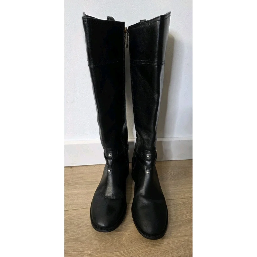 Tory Burch Brita Black Leather Tall Riding Boots Women's Size 7M Gold Hardware